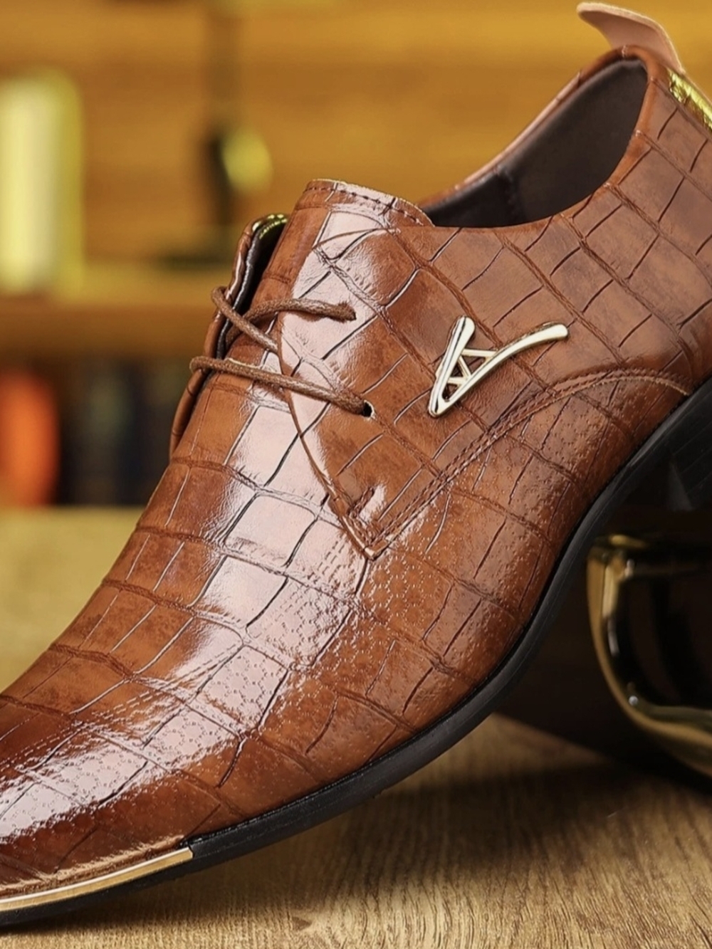 NEW Men's Brown Croc-Effect Leather Lace-Up Dress Shoes